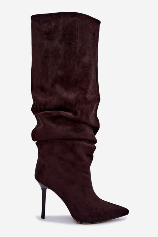 Schokoladenfarbene Stiefel zum Hineinschlüpfen mit dünnen Absätzen Balira