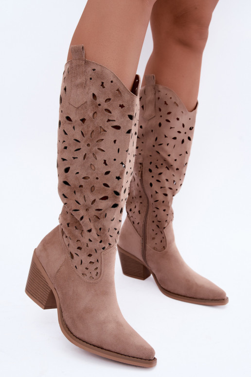 Ausschnitt kniehohe Cowboy-Stiefel mit Absatz in Sand Salirae