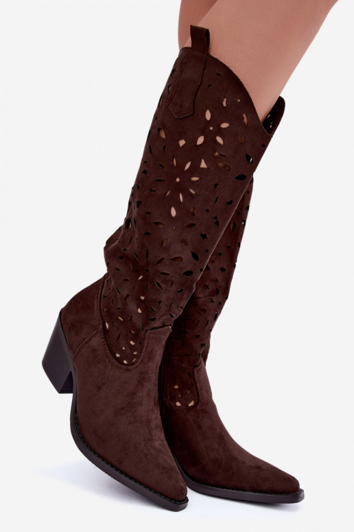Ausschnitt kniehohe Cowboy-Stiefel mit Absatz in Braun Salirae