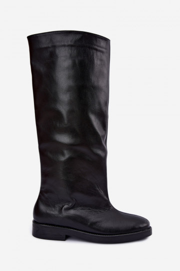 Wärmende lederne kniehohe Stiefel mit breiten Absätzen in Schwarz Zazoo 542 2