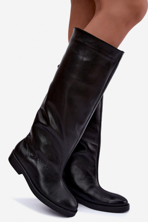 Wärmende lederne kniehohe Stiefel mit breiten Absätzen in Schwarz Zazoo 542