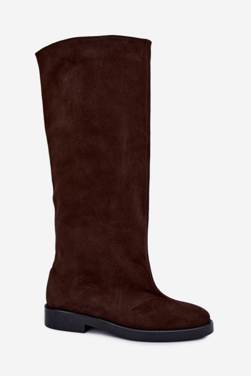 Wärmende kniehohe Stiefel aus Kunstveloursleder mit breiten Absätzen in Braun Zazoo 542
