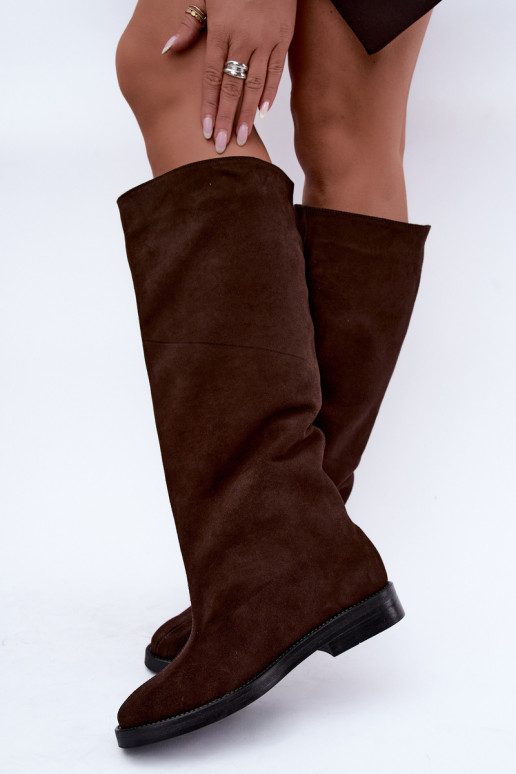 Wärmende kniehohe Stiefel aus Kunstveloursleder mit breiten Absätzen in Braun Zazoo 542