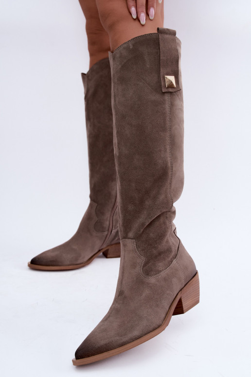 Wärmende kniehohe Stiefel im Cowboy-Stil aus Kunstveloursleder in Ton Zazoo 4224