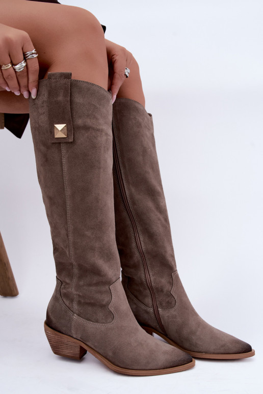 Wärmende kniehohe Stiefel im Cowboy-Stil aus Kunstveloursleder in Ton Zazoo 4224
