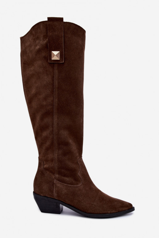 Wärmende kniehohe Stiefel im Cowboy-Stil aus Kunstveloursleder in Braun Zazoo 4224