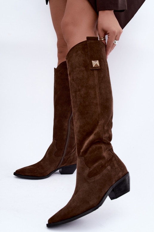Wärmende kniehohe Stiefel im Cowboy-Stil aus Kunstveloursleder in Braun Zazoo 4224