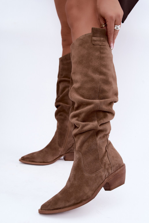 Wärmende zerknitterte kniehohe Stiefel im Cowboy-Stil aus Kunstveloursleder in Braun Zazoo 4313