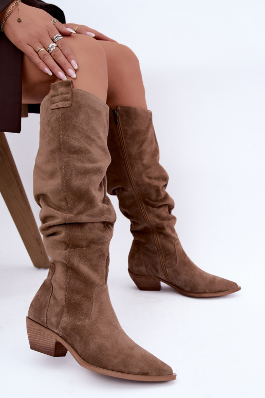 Wärmende zerknitterte kniehohe Stiefel im Cowboy-Stil aus Kunstveloursleder in Braun Zazoo 4313