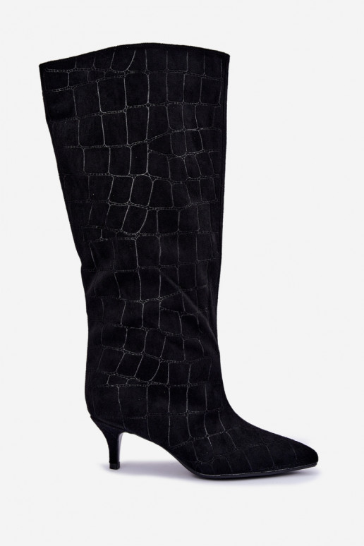 Schwarze Überknie-Stiefel zum Hineinschlüpfen mit geprägten Details und Absätzen Cazelle