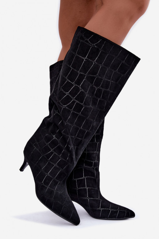 Schwarze Überknie-Stiefel zum Hineinschlüpfen mit geprägten Details und Absätzen Cazelle