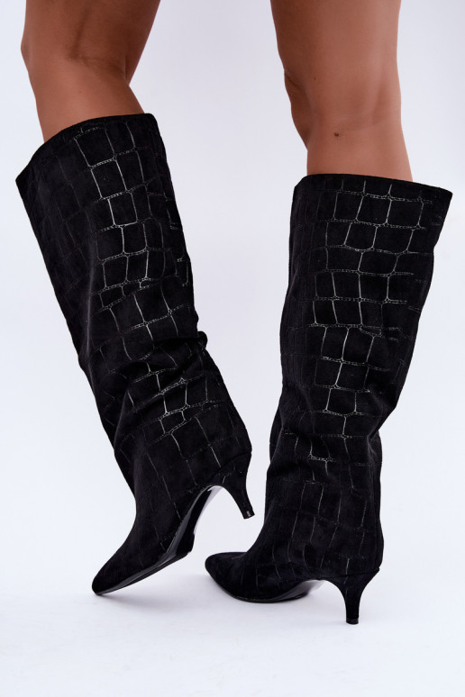 Schwarze Überknie-Stiefel zum Hineinschlüpfen mit geprägten Details und Absätzen Cazelle