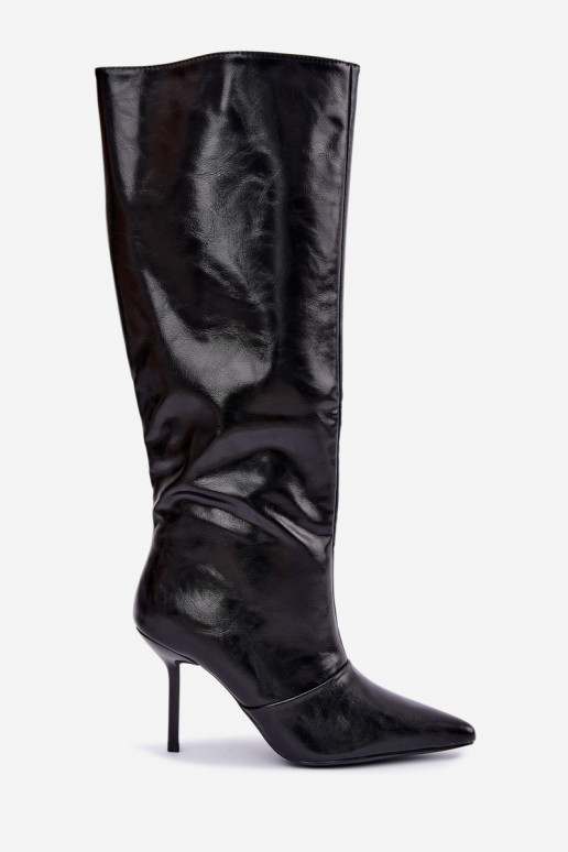 Warme Überknie-Stiefel mit dünnen Absätzen in schwarzer Farbe Fenoria