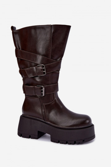 Hohe Stiefel mit Plattform und Riemen in Schokolade Delsenne 2