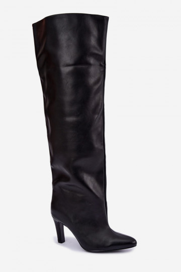 Slip-On Damen Stiefel mit spitzen Absätzen über dem Knie in Schwarz Emorine 2