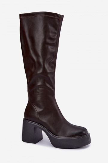 Damenstiefel bis zum Knie mit Plateau und Absätzen aus Kunstleder in Schokoladenfarbe Nesalie 2