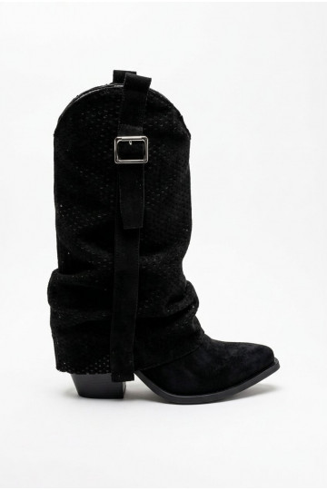 Schwarze kniehohe Cowboy-Stiefel mit spitzem Zehen und Absätzen Calenne