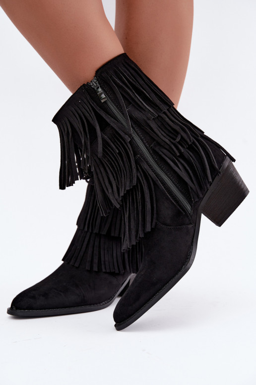 Cowboy-Stil Stiefeletten mit Fransen und Absätzen in Schwarz Lunia