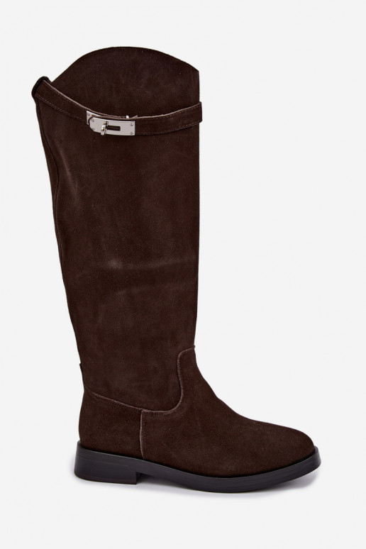 Schokoladenfarbene Wildleder-Überknie-Stiefel mit dekorativen Riemen Clarimond