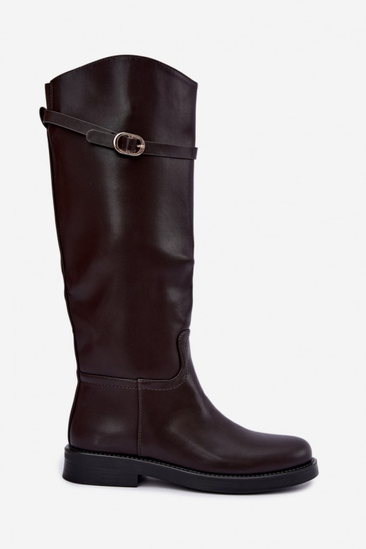 Damen kniehohe Stiefel mit breiten Absätzen und Riemen mit Schnallen in schokoladenfarbener Sylvena