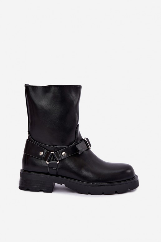 Wärmende Damen Stiefeletten mit Riemen und Schnallen in schwarzer Farbe Delmora