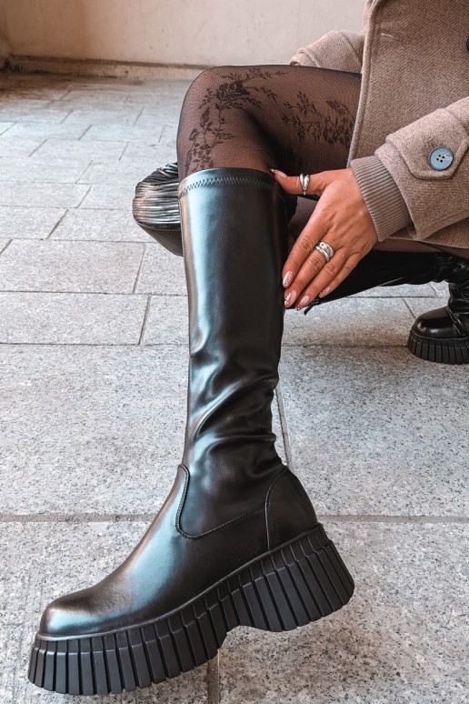 Schwarze kniehohe Stiefel mit Plattform Haldora