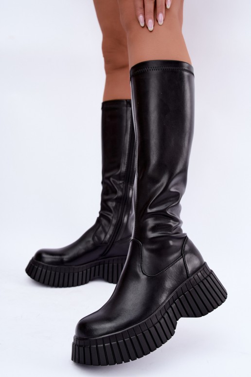 Schwarze kniehohe Stiefel mit Plattform Haldora
