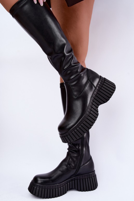 Schwarze kniehohe Stiefel mit Plattform Haldora