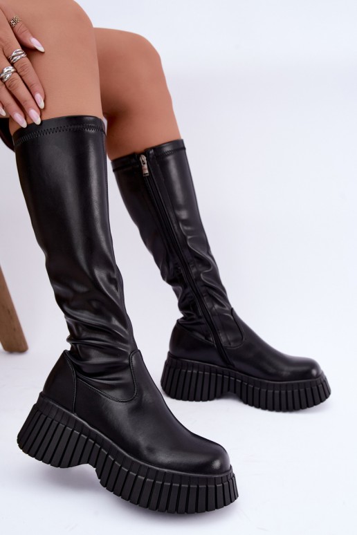 Schwarze kniehohe Stiefel mit Plattform Haldora