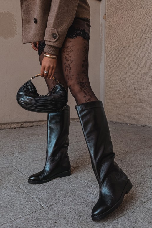 Wärmende lederne kniehohe Stiefel mit breiten Absätzen in Schwarz Zazoo 542