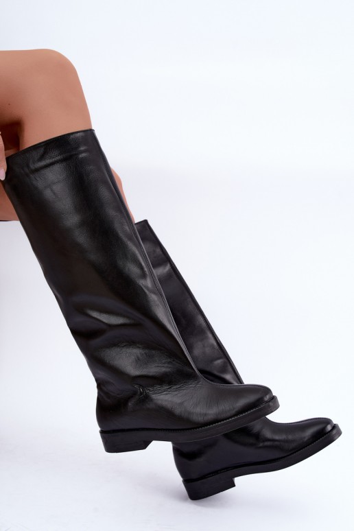 Wärmende lederne kniehohe Stiefel mit breiten Absätzen in Schwarz Zazoo 542