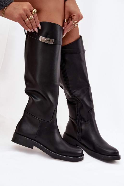 Damen kniehohe Stiefel mit verzierten Absätzen aus schwarzem Kunstleder Palisse