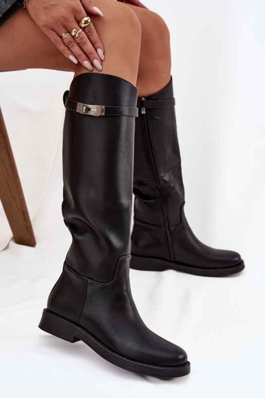 Damen kniehohe Stiefel mit verzierten Absätzen aus schwarzem Kunstleder Palisse