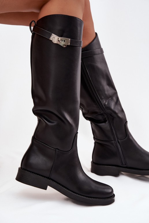 Damen kniehohe Stiefel mit verzierten Absätzen aus schwarzem Kunstleder Palisse