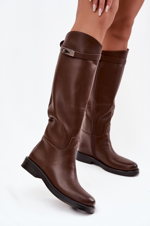 Damen kniehohe Stiefel mit verzierten Absätzen aus braunem Kunstleder Palisse