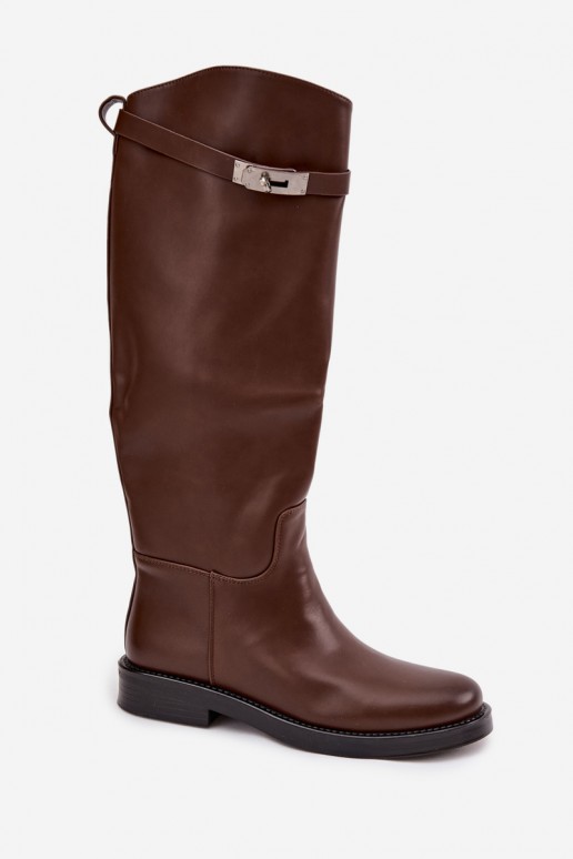 Damen kniehohe Stiefel mit verzierten Absätzen aus braunem Kunstleder Palisse
