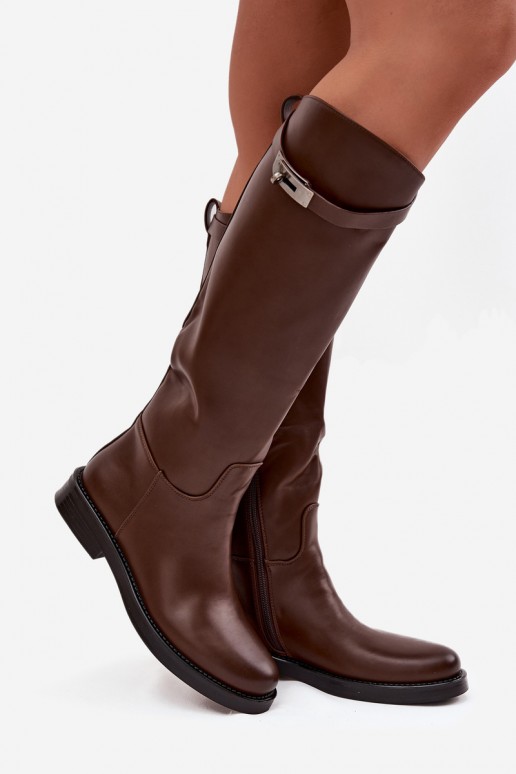 Damen kniehohe Stiefel mit verzierten Absätzen aus braunem Kunstleder Palisse