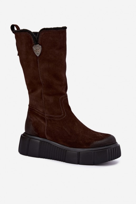 Damen kniehohe Stiefel aus braunem Kunstveloursleder mit Wolle Zazoo