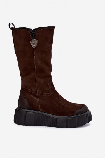 Damen kniehohe Stiefel aus braunem Kunstveloursleder mit Wolle Zazoo 2