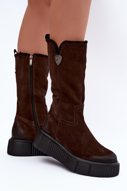 Damen kniehohe Stiefel aus braunem Kunstveloursleder mit Wolle Zazoo