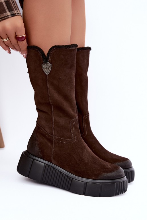 Damen kniehohe Stiefel aus braunem Kunstveloursleder mit Wolle Zazoo