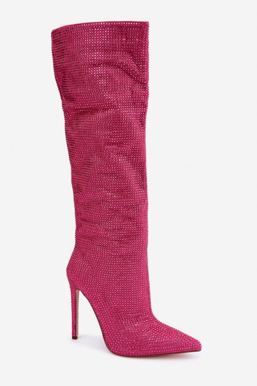 hohe Stiefel mit dünnen Absätzen und funkelnden Ösen in rosa Farbe Lovisa