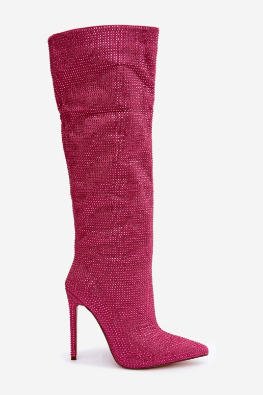 hohe Stiefel mit dünnen Absätzen und funkelnden Ösen in rosa Farbe Lovisa