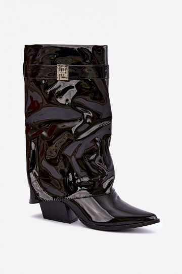 Schwarze kniehohe Stiefel mit Lackeffekt und spitzem Zehen Aelia