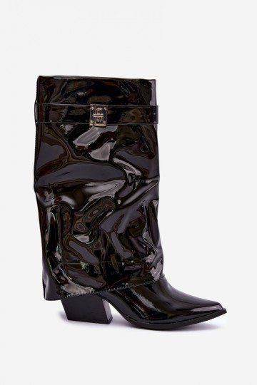 Schwarze kniehohe Stiefel mit Lackeffekt und spitzem Zehen Aelia 2