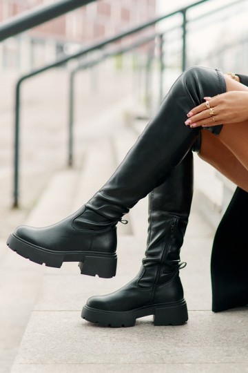 Schwarze Overknee-Stiefel mit Plateau aus Kunstleder Loreviana