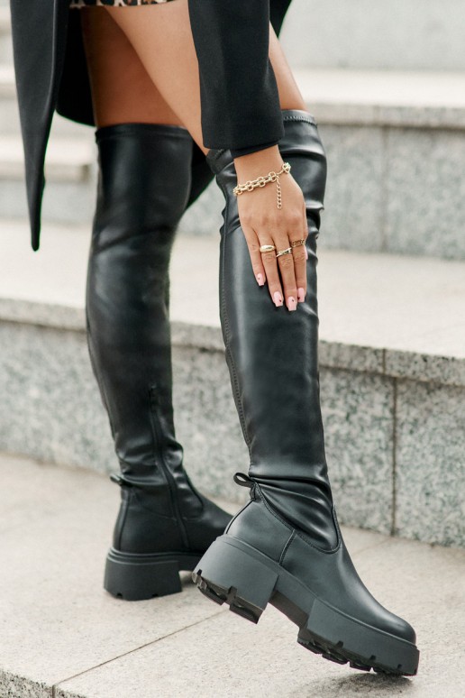 Schwarze Overknee-Stiefel mit Plateau aus Kunstleder Loreviana