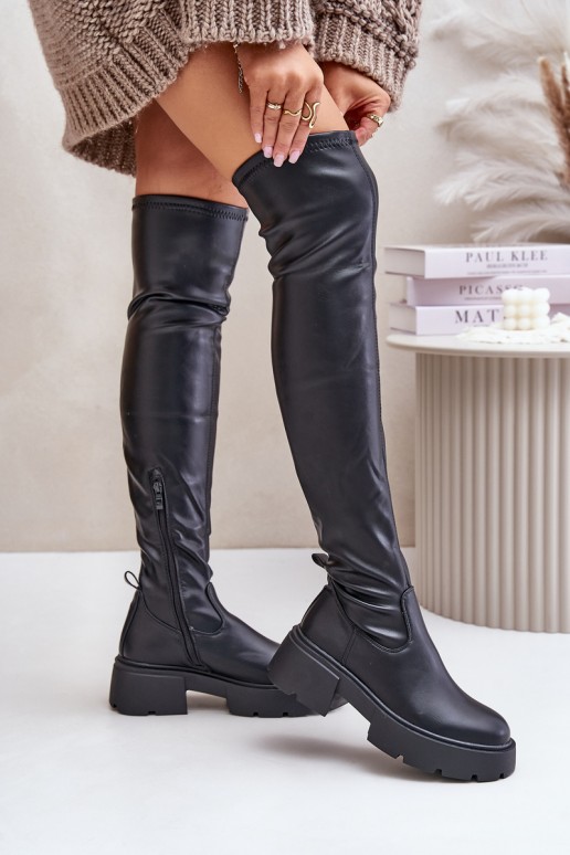 Schwarze Overknee-Stiefel mit Plateau aus Kunstleder Loreviana