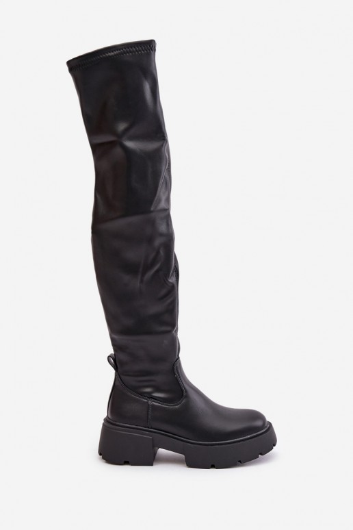 Schwarze Overknee-Stiefel mit Plateau aus Kunstleder Loreviana