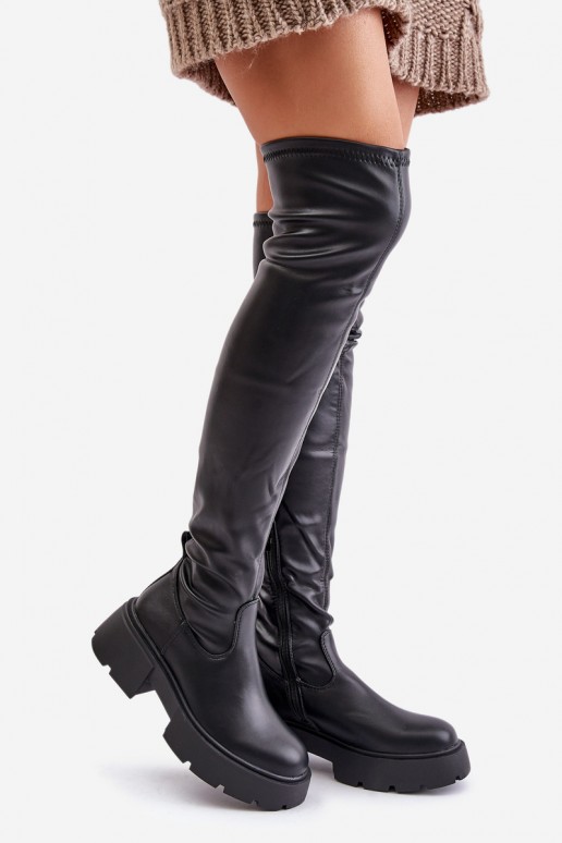 Schwarze Overknee-Stiefel mit Plateau aus Kunstleder Loreviana